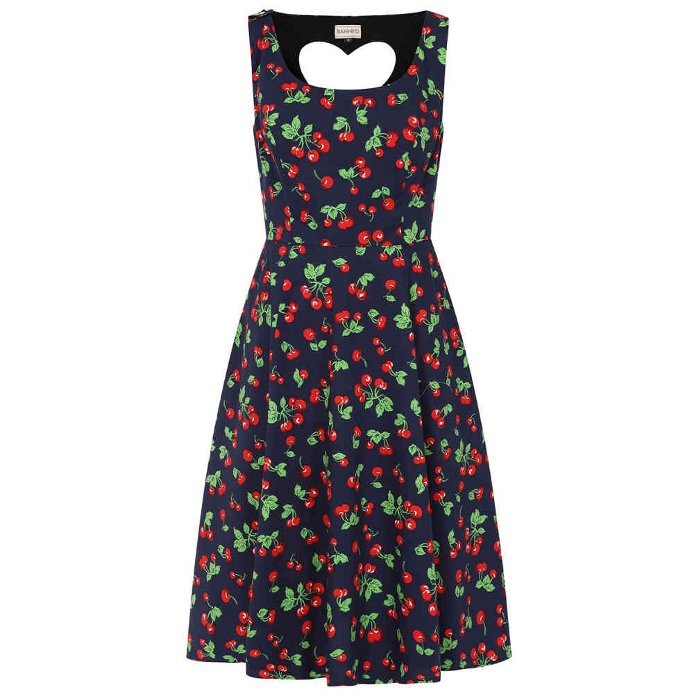 Banned - Nora Heart Cherry Flare jurk - Blauw